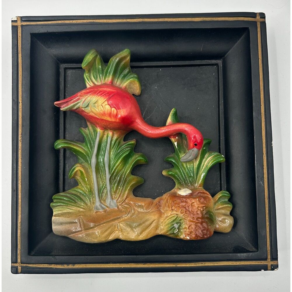Vintage Chalkware Plaster Plaque Wall Hanging Flamingos Universal Statuary